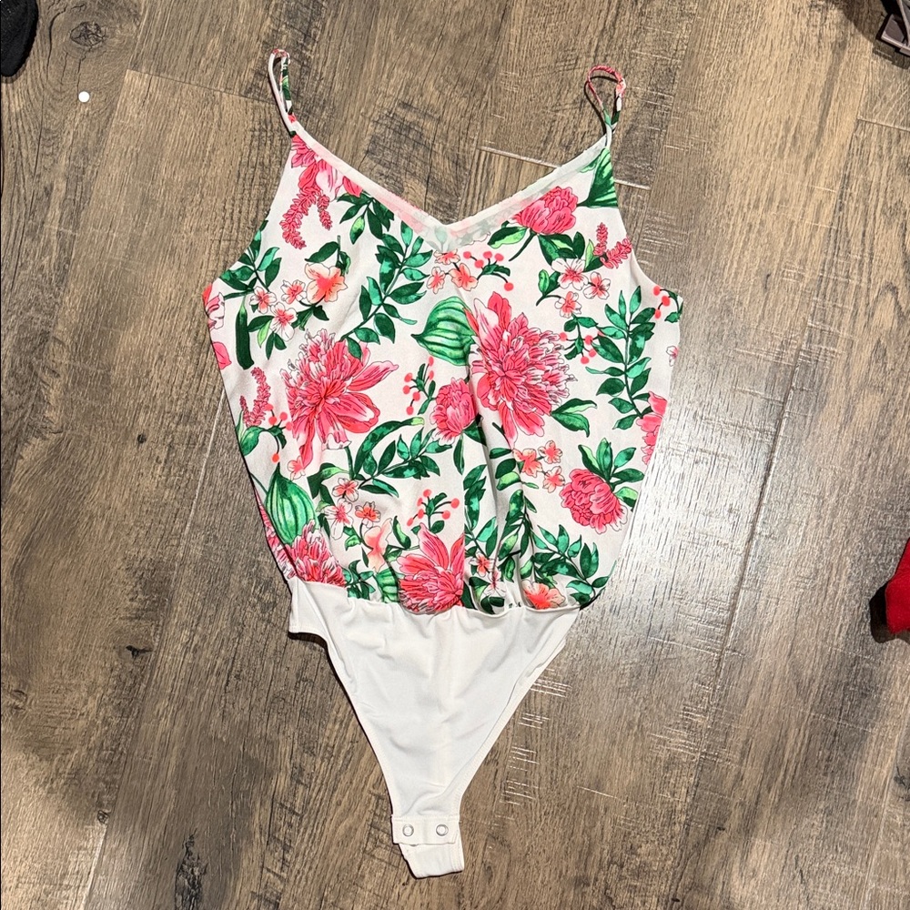 Express Pink and Green Floral Thong Bodysuit